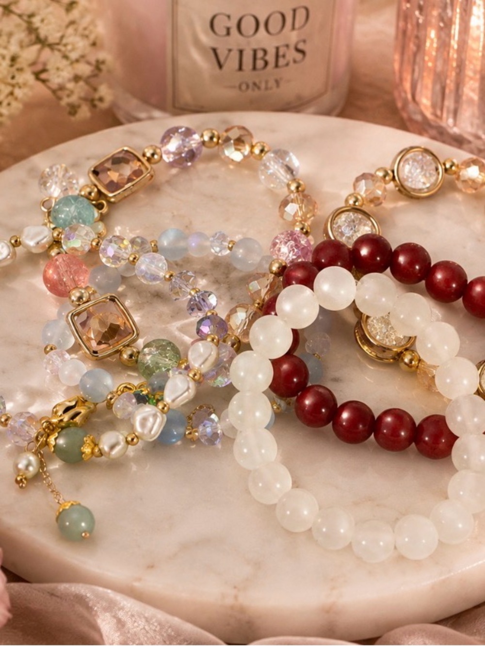 Elegant Multi-Color and Red Beaded Women's Bracelet Set 6 pieces